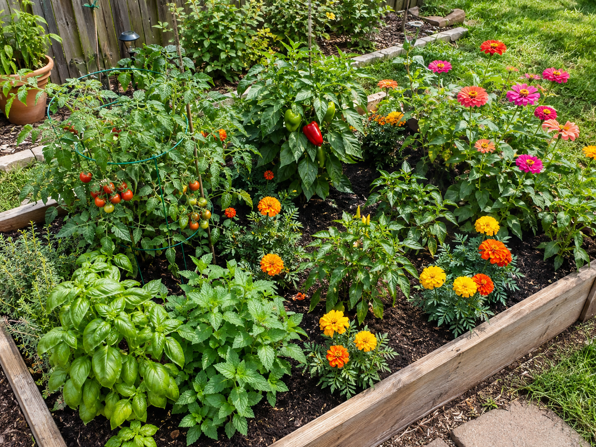 Beginner garden with herbs, vegetables and flowers