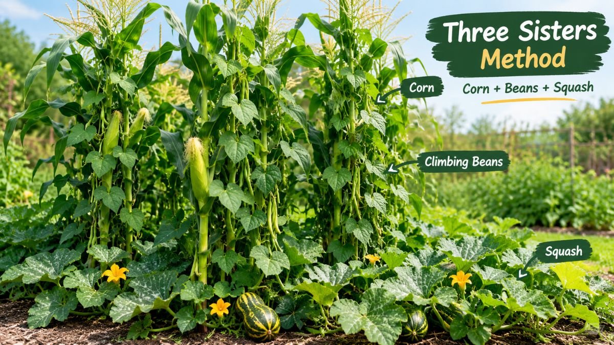 Corn stalks with climbing bean vines and squash growing together using the Three Sisters planting method