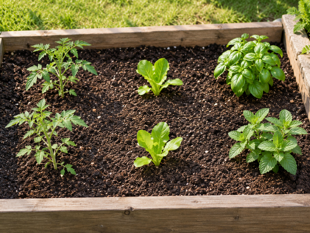 Small beginner garden with vegetables and herbs