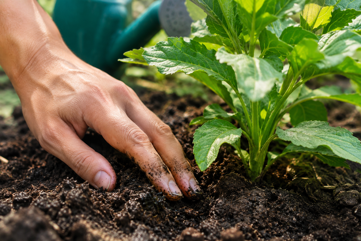 Gardener checking soil moisture before watering plants