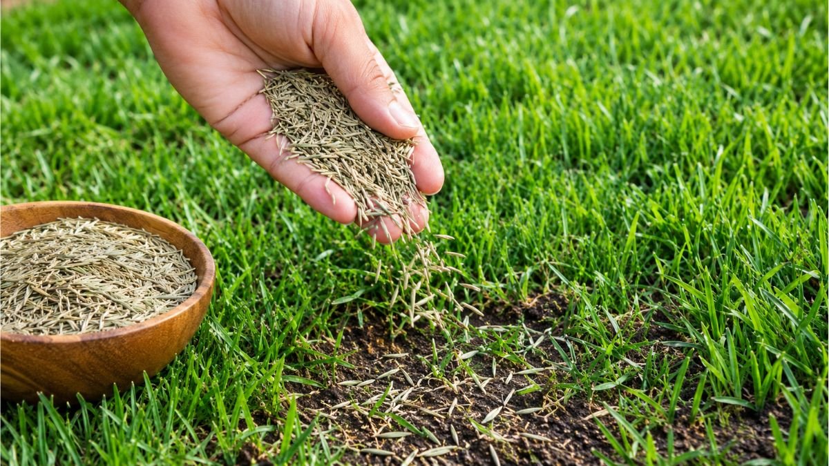 Close-up of grass seed to choose for overseeding a lawn
