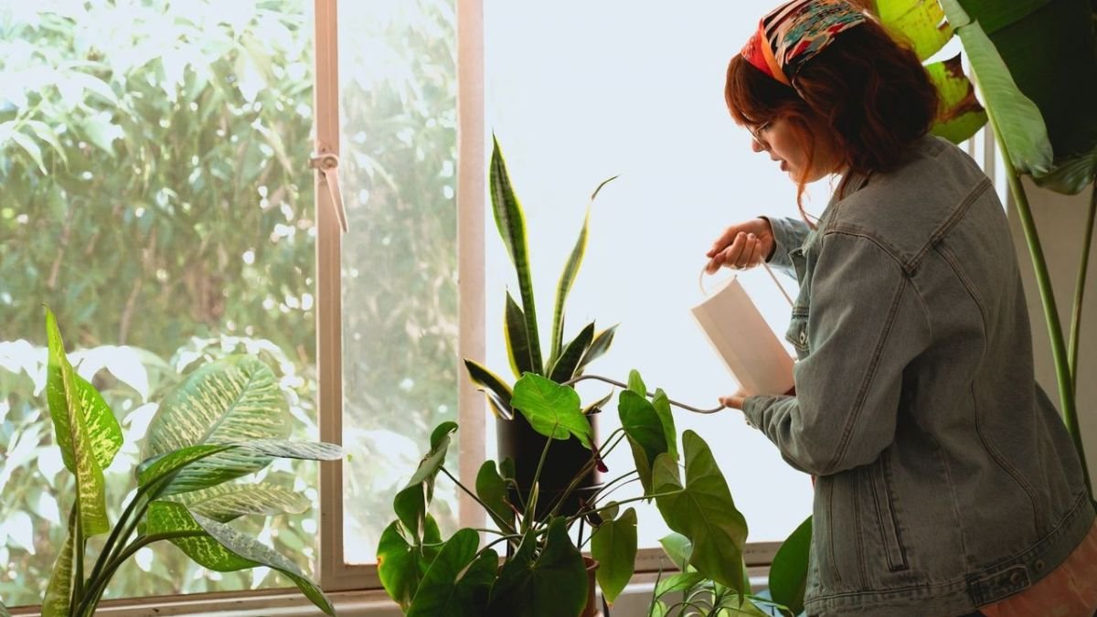 Checking indoor plant soil before watering
